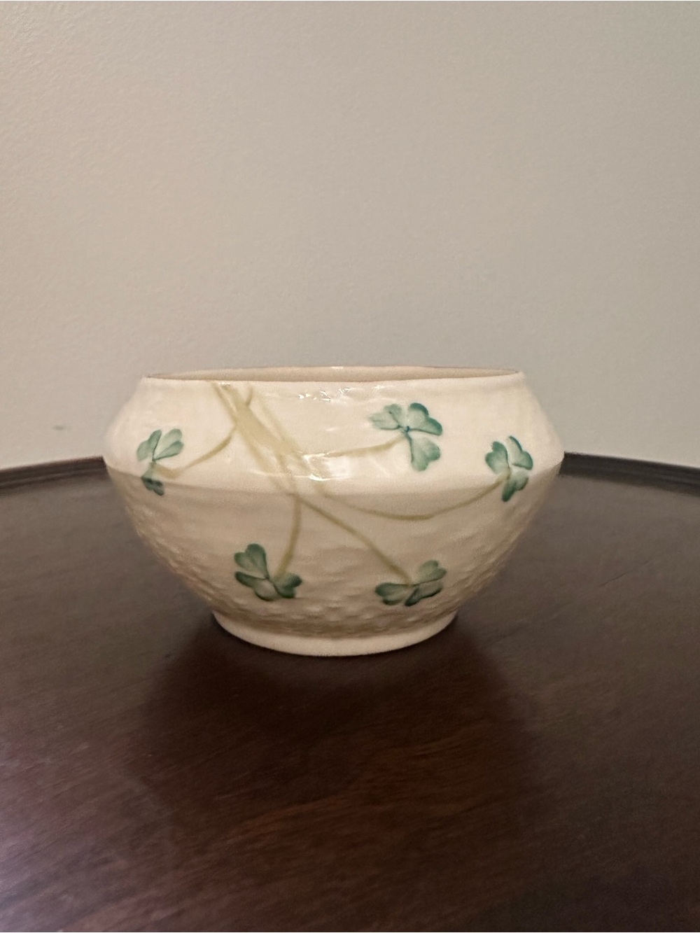 Belleek Hand-Painted Green Shamrock Ceramic Sugar Bowl -